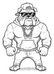 Obraz premium Bulldog Cartoon Character with Muscular Build, Wearing a Baseball Cap, Sunglasses, Hoodie, Jeans and Dog Bone Chain, Black and White Line Art