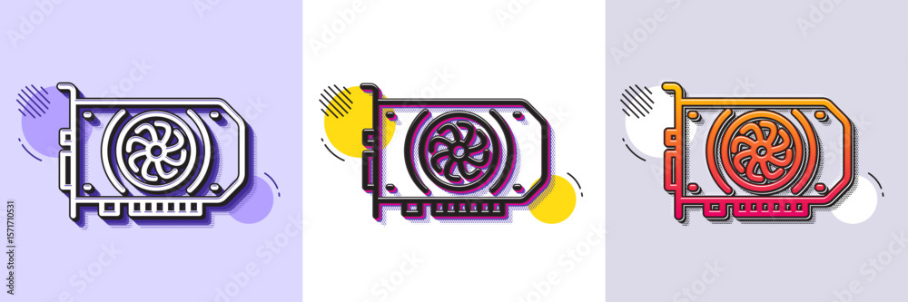 Poster gpu graphic card line icon. halftone dotted pattern. gradient icon with grain shadow. computer compo