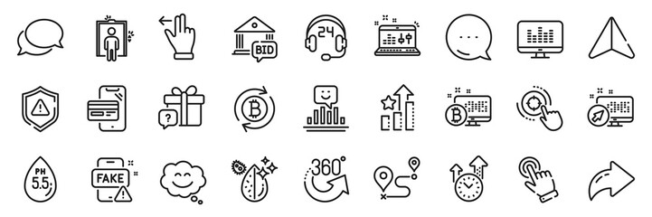 Ph neutral, Cursor and Music making line icons pack. Share, Message, Paper plane icons. Sound check, Dirty water, Fake news web icon. Online shopping, Shield, Bitcoin system pictogram. Vector