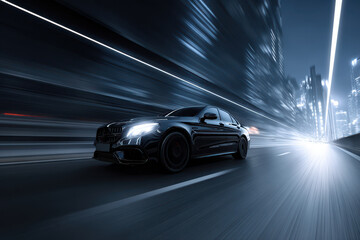 Naklejka premium Black car speeds along a modern highway at night with urban lights creating a dynamic motion blur effect