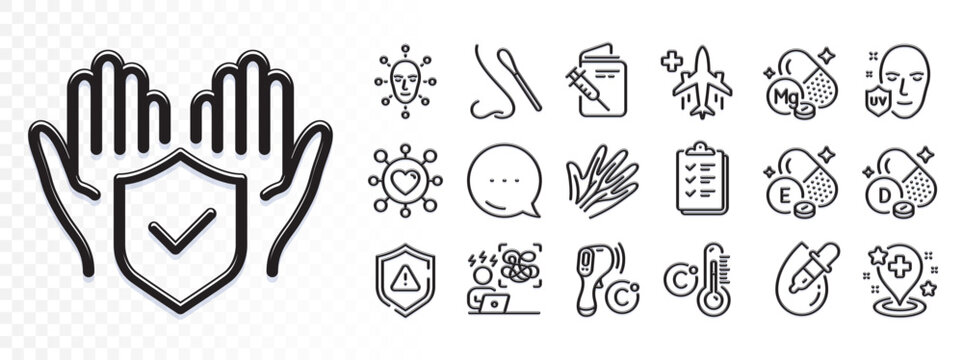 Face biometrics, Vitamin d and Dating line icons for web app. Glare of light effect. Message icon. Pack of Celsius thermometer, Uv protection, Medical flight pictogram icons. Vector