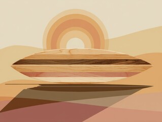Wooden object over desert landscape with sun