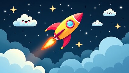 Cute cartoon rocket flying through starry night sky with smiling clouds isolated on white background