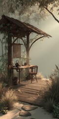 Wooden structure by water, desk with tea set, serene, peaceful ambiance