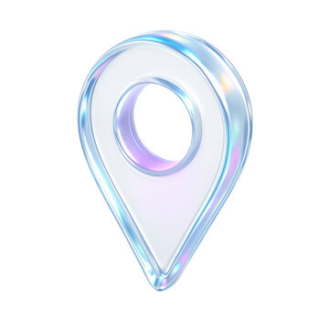 Semitransparent crystal icon of leek and modern 3D location pin  with a glossy finish, representing navigation, mapping, and technology in a vibrant, digital style