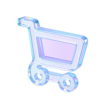 Stylish and futuristic transparent shopping cart icon with holographic effect, reflecting modern consumerism and the digital shopping experience