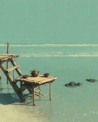 Wooden table with tea set by water, serene coastal scene