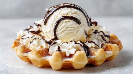 Scoop of vanilla ice cream placed freshly baked Belgian waffle with chocolate drizzle side view on neutral background