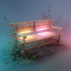 A bamboo bench with plant growth, lit by colorful lighting