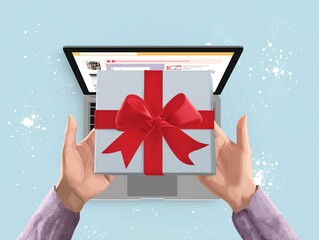Colorful Abstract Gift Presentation with Tablet and Red Bow Held by Hands