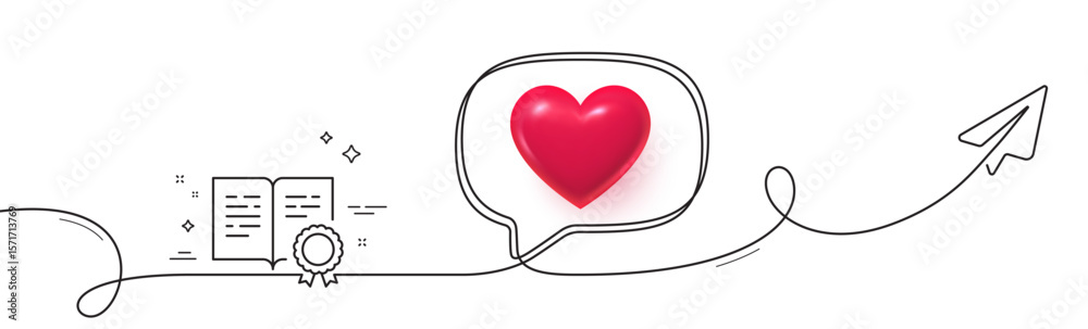 Poster certificate line icon. continuous line with share plane. certified document sign. medal or stamp sym