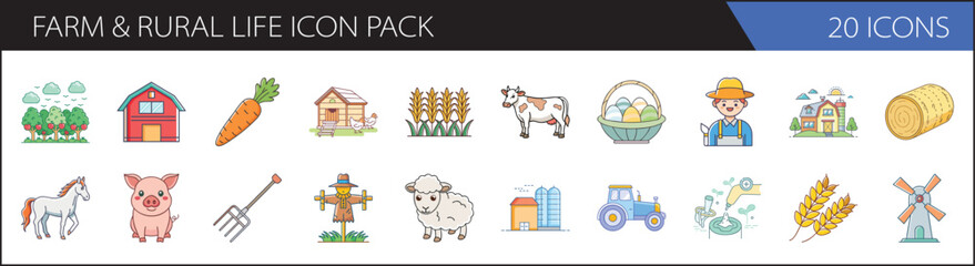 Farm and Rural Life Icon Pack - Agriculture and Countryside Vector Set