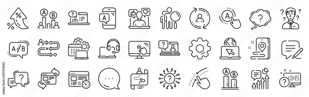 Poster ux line icons. settings gear, message, inflation icons. set of ab testing, journey path map and ques