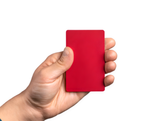 Hand holding a blank red card with rounded corners isolated on transparent background