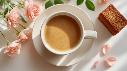 Elegant flat lay with coffee and pink roses highlighting soft shadow play for relaxation ambience