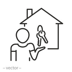 landlord icon, man holding house keys, home owner, real estate owner, home realtor, thin line symbol - editable stroke vector illustration eps10