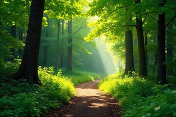 Fototapeta premium Sun-Dappled Forest Path A Magical Summer Journey Through Lush Green Canopy