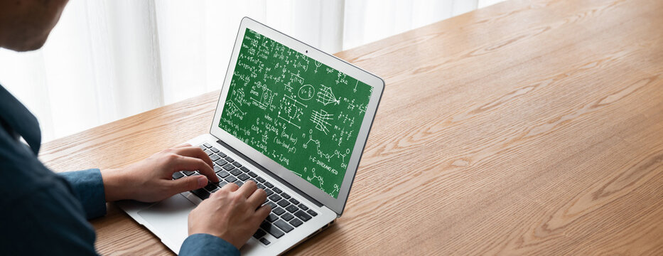 Mathematic equations and modish formula on computer screen showing concept of science and education