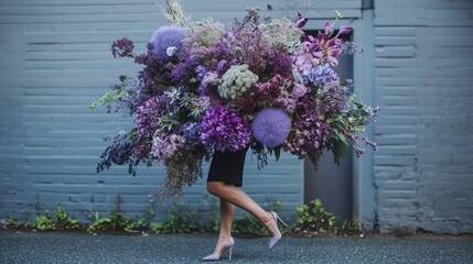 Floral fashion statement created by blending vibrant flowers on a model in an urban setting