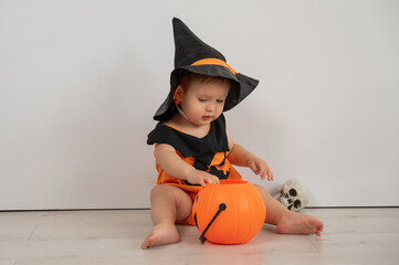 Cute caucasian boy in halloween pumpkin costume holding candy basket on white background. 