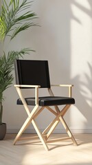 An empty black folding chair sits near a lush potted plant on wooden floors