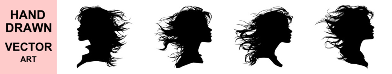 Hand drawn vector silhouettes of elegant women with windblown hair, stylish side profiles, feminine beauty concept for fashion and design illustrations