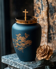 Funeral urn with golden cross near beige rose representing loss and grief