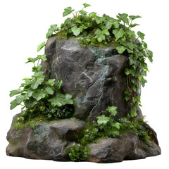 Lush greenery overgrown rocky outcrop with small blue flowers isolated on transparent background