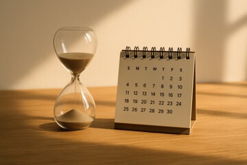  Desk calendar with hourglass on wooden surface in bright morning light.