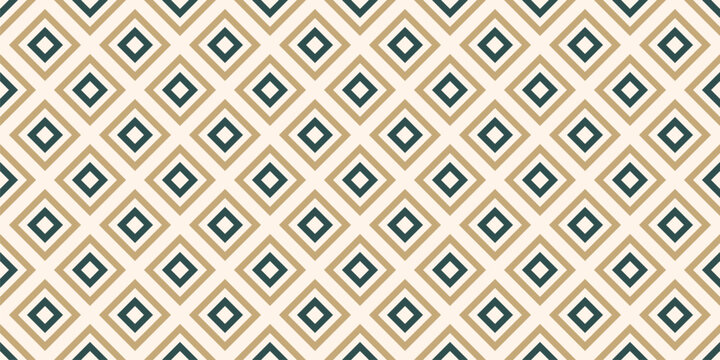 Vector geometric seamless pattern with squares, rhombuses, modular grid. Abstract ornament. Dark green, gold, beige color. Retro vintage style checkered background texture. Simple repeated geo design