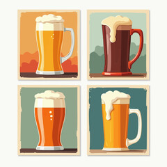 Vintage beer posters on wall wigth various beer mugs with frothy heads in colorful backgrounds  