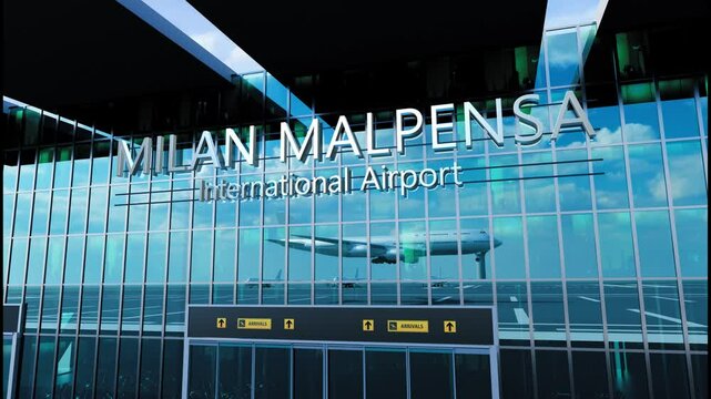 Airlane landing at Milan Malpensa Airport. Arrival in the city with reflection of airport