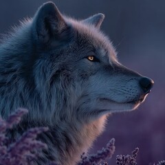 Majestic wolf in lavender field at sunset