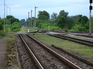 Multiple Railway Tracks Converging at a Junction with Signals - Transport Infrastructure