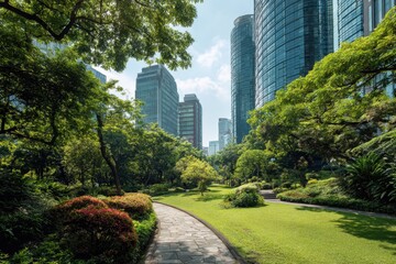 Urban green space with walking path amid tall buildings under a clear sky