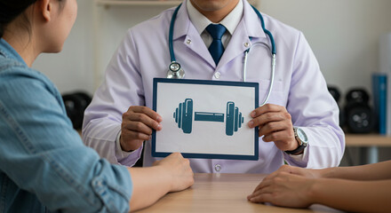 Doctor recommending physical exercise for health, bodybuilding, weight loss, health problems, physiotherapy