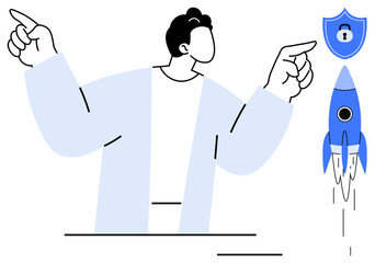 Man gesturing with both hands towards a security shield and rocket, emphasizing digital protection, technological progress, and secure growth. Ideal for cybersecurity, innovation, protection