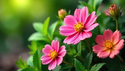 Obraz premium Lush Green Leaves and Vibrant Wildflowers Natural Skincare Ingredients