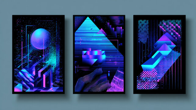 Abstract technology posters. Science future innovation concept. Space shapes and planets in blue-purple. Futuristic abstract backgrounds for book cover design. Digital low-poly fiction flyer template. - Powered by Adobe