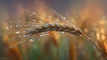 朝陽を浴びた露に濡れた小麦の穂を間近で見る場面