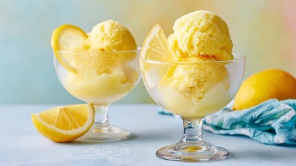 Zesty lemon sorbet scoops served frosted dessert glass with lemon slice garnish bright summer colors pastel yellow backdrop