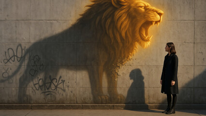 Young woman standing tall as her glowing lion shadow roars on the concrete wall behind her