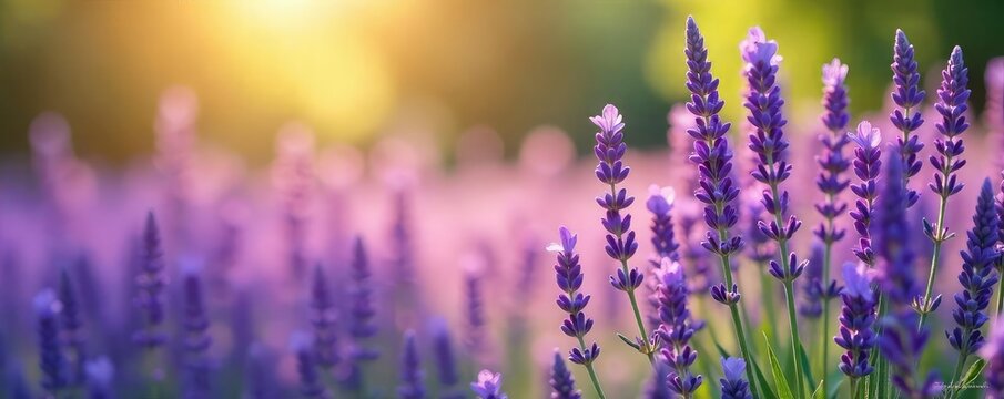 Fototapeta A breathtaking field of purple lavender blossoms swaying gently in the breeze, bathed in soft sunlight Perfect for relaxation, spa, or aromatherapy themes , spa, botanical, beautiful