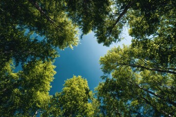 Obraz premium Bright sunlight filtering through lush green trees under a clear blue sky in a serene natural setting on a sunny day