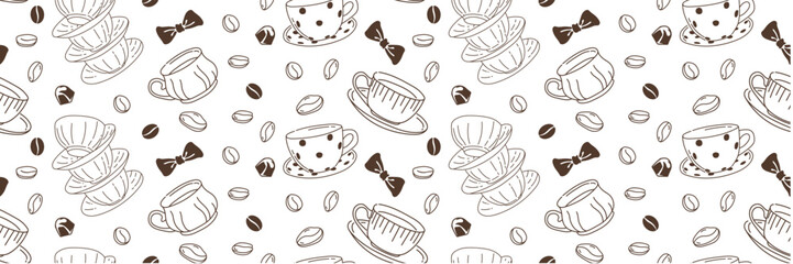 Seamless vector pattern with cute ceramic cup for coffee and tea. Coffee beans, flirty bows and candies. Linear pattern for wedding invitation, Valentine's Day design. Romantic hand drawn background.
