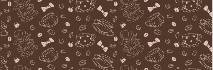 Seamless vector pattern with cute ceramic cup for coffee and tea. Coffee beans, flirty bows and candies. Linear pattern for wedding invitation, Valentine's Day design. Romantic hand drawn background.