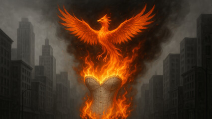 Fototapeta premium Fiery bird of rebirth rising from flaming lingerie in a gloomy urban landscape