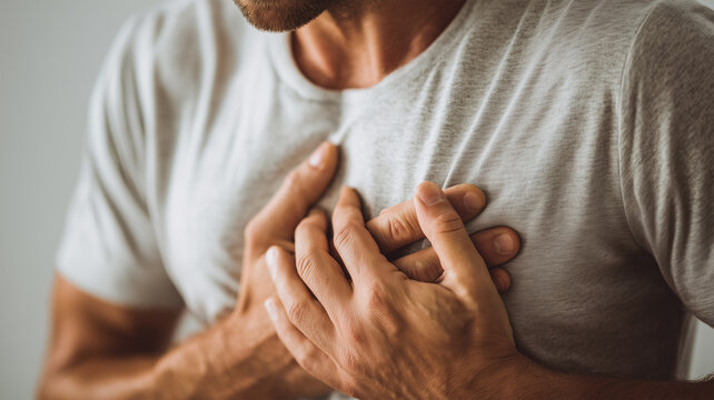男性が突然の痛みを感じて胸を押さえる瞬間