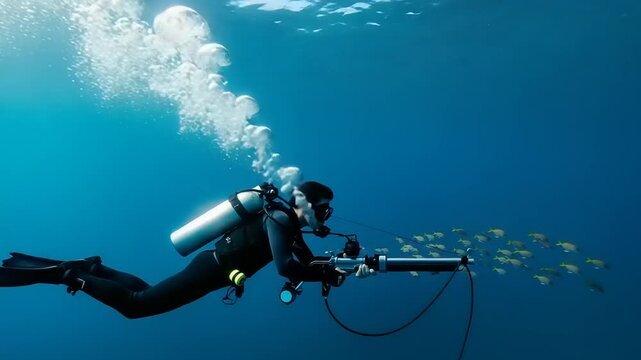 Underwater spear fisherman hunting in the deep blue sea with school of fish