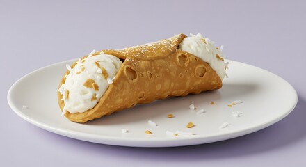 A single cannoli filled with cream and topped with coconut flakes on a white plate displayed nicely
